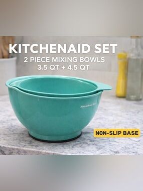 KitchenAid Mixing Bowl Set Aqua 3.5 Qt + 4.5 Qt Non-Slip Nesting